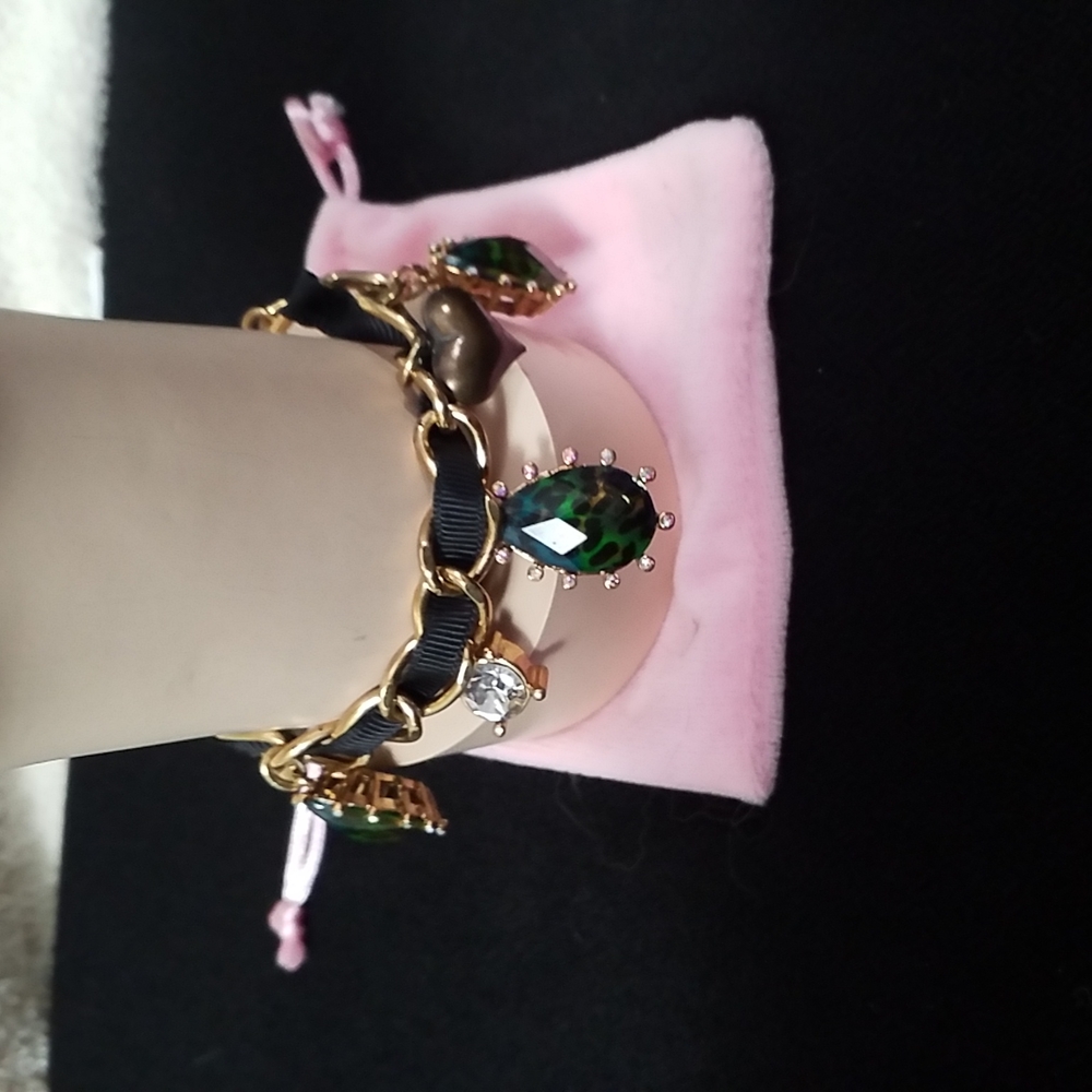 Betsey Johnson Green Leopard Print Black Ribbon Charm Style Bracelet